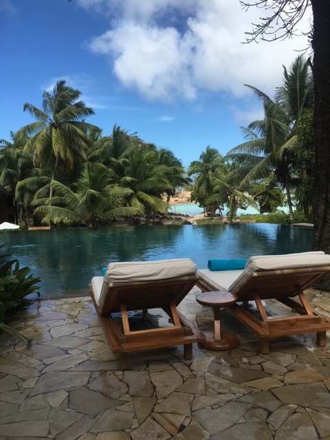 шезлонг и пальмы возле басейна на острове